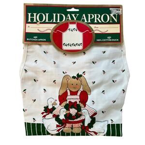 Vintage Holiday Butcher Apron Ducks Bunny Holly Kitchen Cotton Christmas NWT